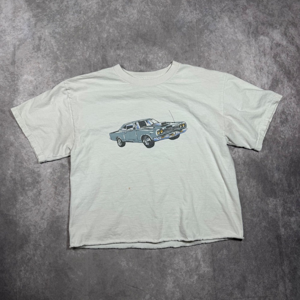 J. Galt Motor Show 1984 Graphic T-Shirt White Muscle Car Raw Hem Small Y2K Crop